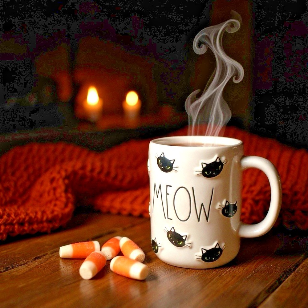 Rae Dunn Halloween Mug – Black "Meow" Cat with Green Eyes – 20oz Spooky